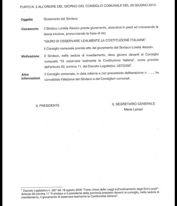 Passiamo al punto 3: giuramento del sindaco #opendalmine http://t.co/e5kXL0w717